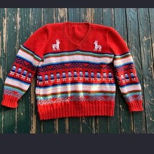 homemade Red multi-coloured knitted sweater with llama design